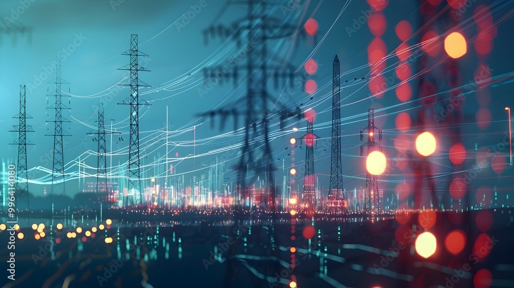 Poster futuristic smart grid market displaying real time energy prices and consumption patterns