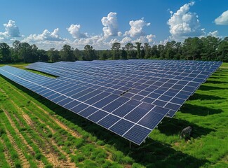 Large solar farm harnesses green energy with expansive rows of solar panels under a bright sky