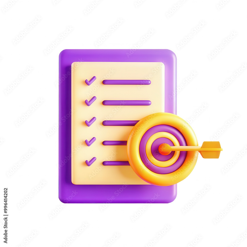 Poster a colorful 3d checklist graphic featuring purple and yellow elements with check marks and a target s