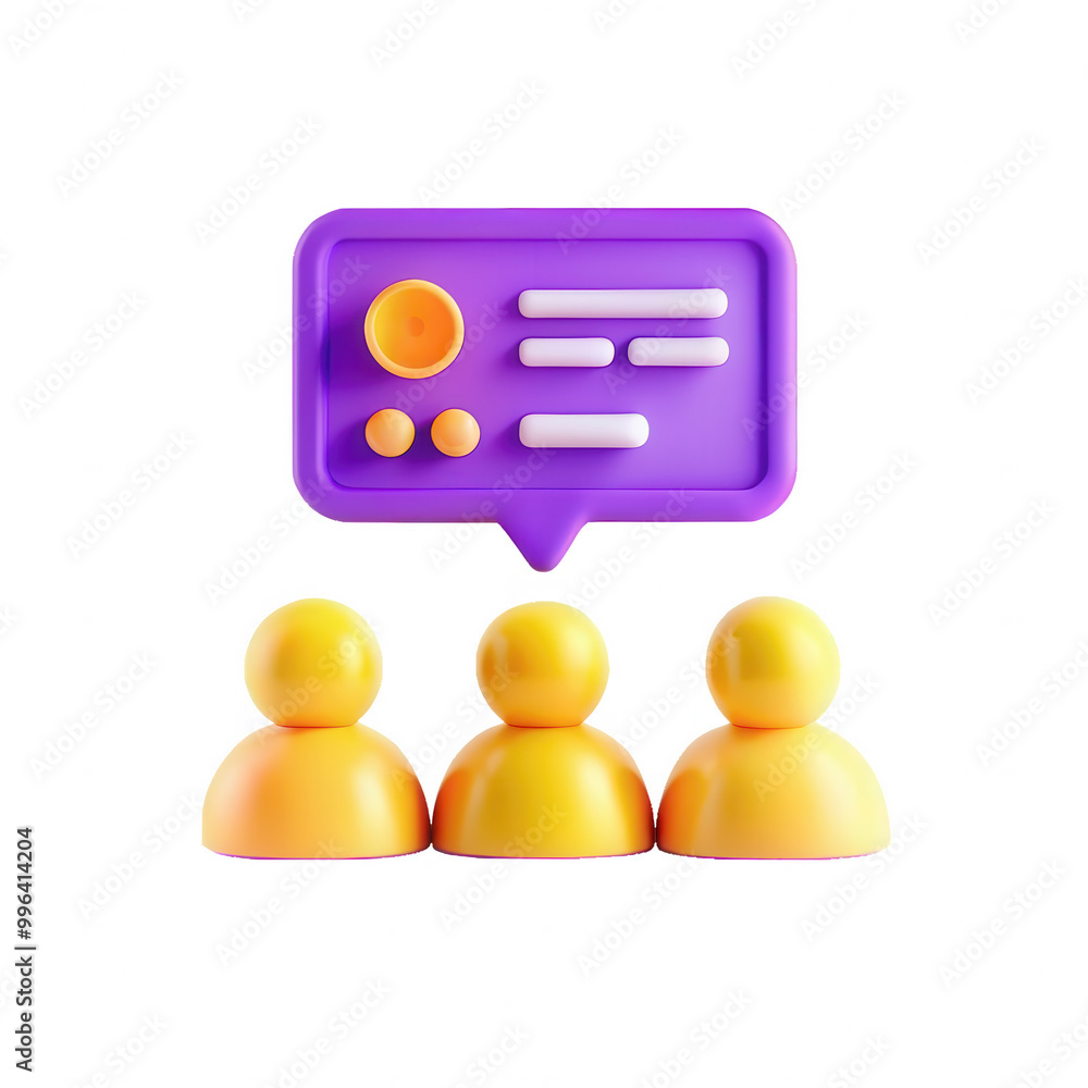 Poster this image depicts three colorful 3d character figures in yellow with a purple communication bubble,