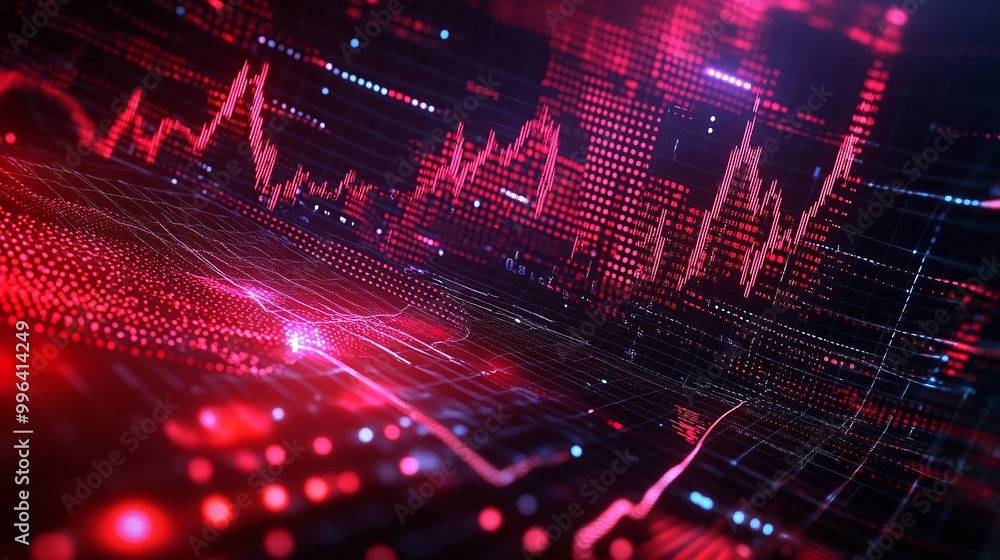 Poster dynamic digital financial data visualization with red graphical elements on a dark background.