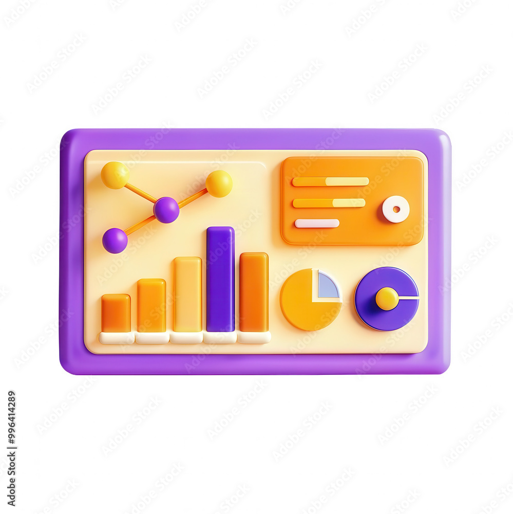 Poster a 3d rendered dashboard icon showcasing various data visualizations, including bar charts, line grap