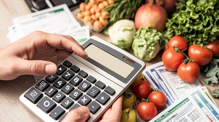 Calculating expenses with calculator surrounded by fresh fruits and vegetables.