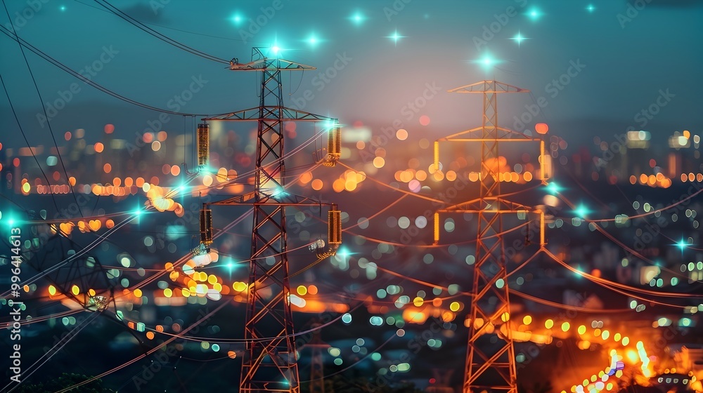 Poster smart grid concept for remote utility monitoring and diagnostics in futuristic urban cityscape at ni