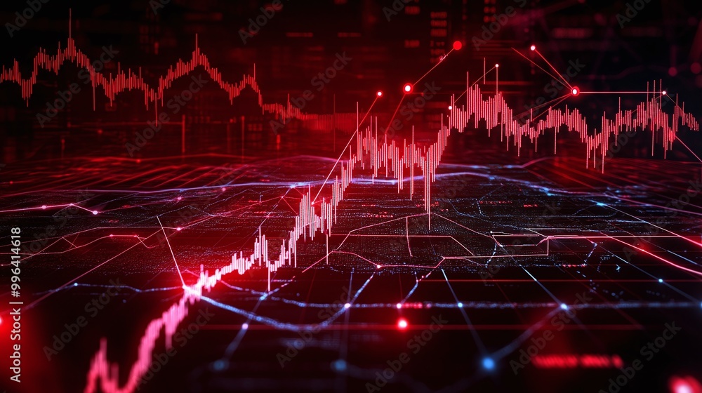 Poster dynamic digital graph displaying upward trend with bright red lines on dark background, symbolizing 