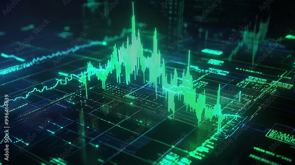 Poster dynamic digital graph displaying financial data in green on a dark background.