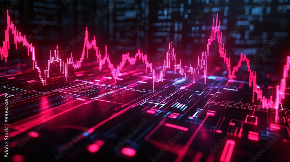 Poster dynamic digital graph displaying vibrant data fluctuations in pink against a dark background.