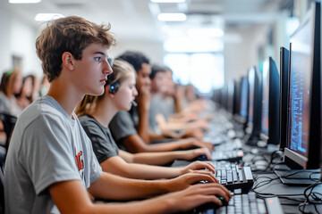 Students working in a computer lab, collaborating on research, studying data and information.