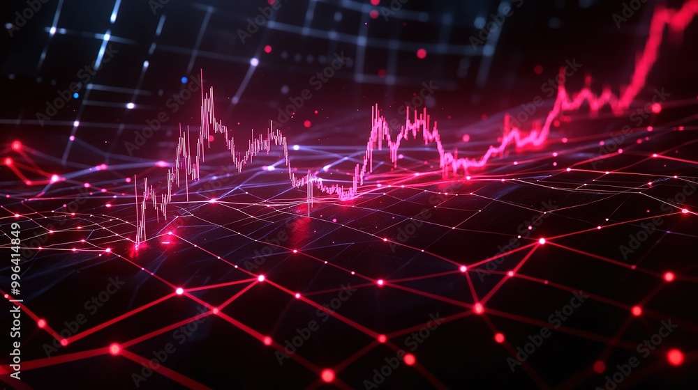 Poster dynamic digital graph showcasing a fluctuating data trend with vibrant red lines on a dark backgroun