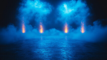 Blue and orange lights illuminate a smoky, mysterious scene.