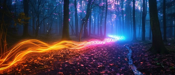 Enchanted Forest with Colorful Light Trails at Dusk