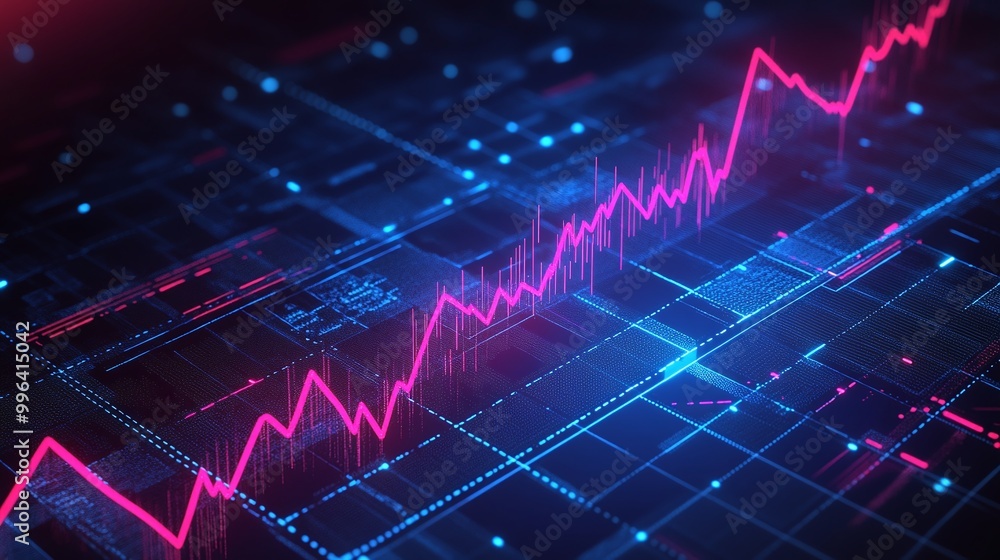 Poster dynamic digital graph showcasing a rising trend with vibrant colors against a tech-inspired backgrou