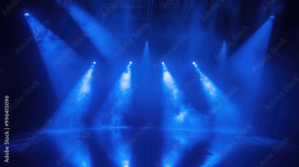 Poster illuminated blue stage lights create an atmospheric scene with fog and a mirrored floor