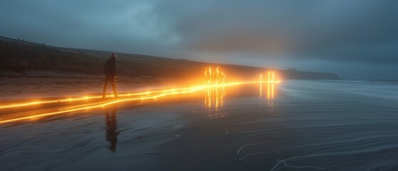 Ethereal Light Trails on Mystic Beach at Dusk