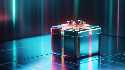 Futuristic metallic gift box featuring glowing LED lights placed on a sleek high tech table with a holographic backdrop