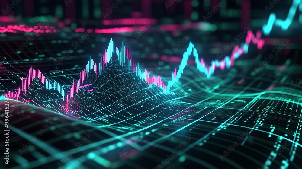 Poster dynamic digital graph showing colorful data trends and fluctuations against a dark background.