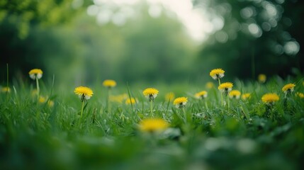 Blurry view of a picturesque meadow featuring lush green grass and vibrant yellow dandelion flowers creating a serene natural landscape Ideal for capturing the essence of spring and summer