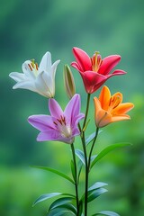 Vibrant Multicolored Lilies in Full Bloom Against Soft Green Backdrop – A Symphony of Nature’s Beauty.