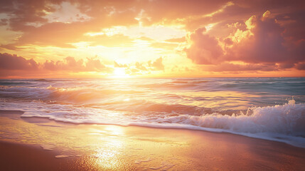 Vibrant Sunset Over the Ocean with Waves Gently Reaching the Shore