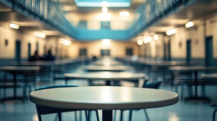 A prison dining area with arranged tables and chairs showcasing a softly blurred background of individuals engaged in conversation and meals