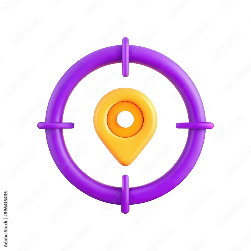 Poster a vibrant 3d model of a location marker encapsulated within a circular frame, featuring bright color