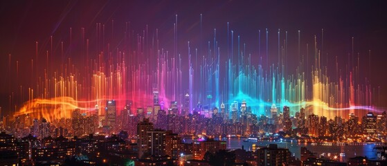 Colorful Light Trails Over City Skyline at Night