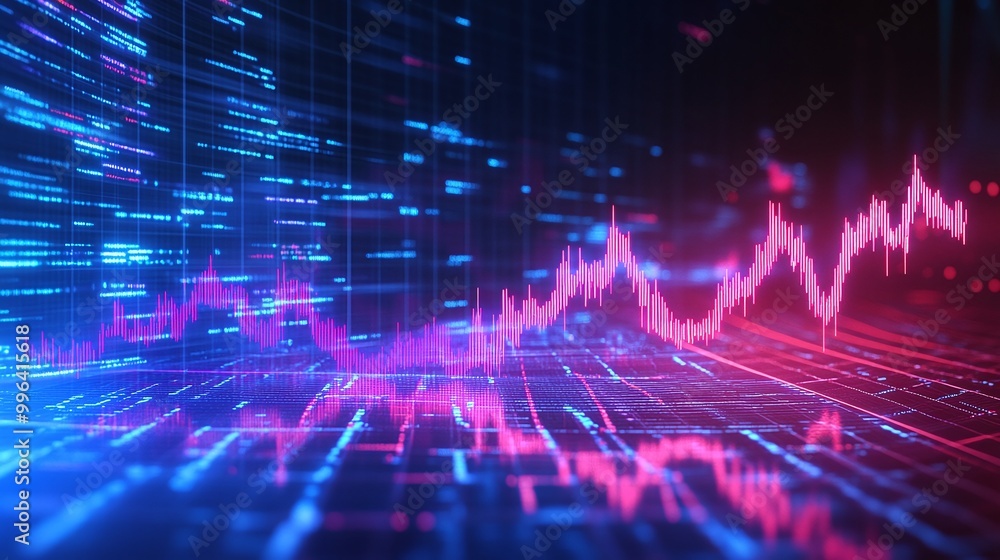 Poster dynamic digital graph with colorful lines representing data fluctuations and trends against a dark b