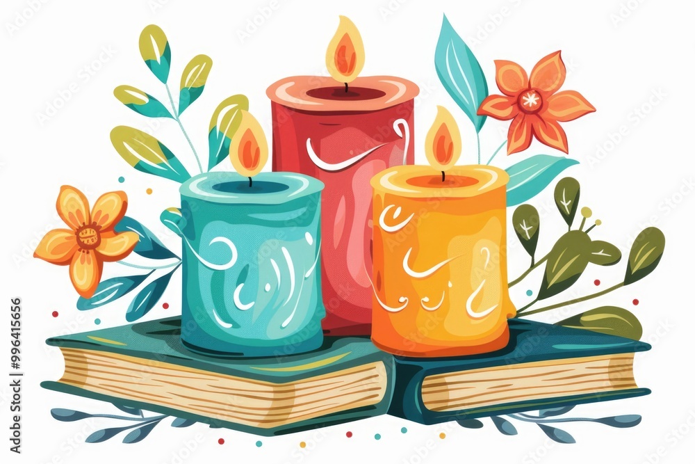 Poster three colorful candles sit atop an open book, perfect for adding ambiance to any study or reading sp