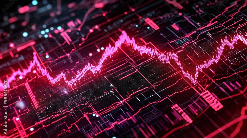Poster dynamic digital graph with pink and blue lines illustrating data trends on a dark background.