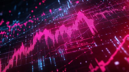 Fototapeta premium Dynamic digital graph with pink and blue data points, representing market trends and analytics.