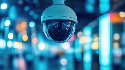 Focused security camera showcasing surveillance technology against a blurred backdrop of a tech environment
