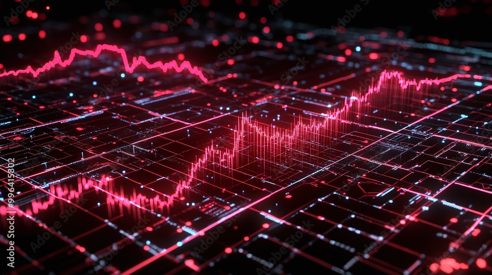 Poster dynamic digital graph with red and blue lines representing data analysis and trends against a dark b