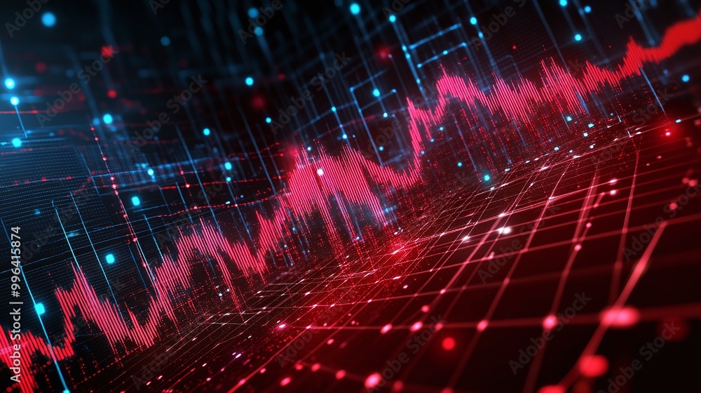 Poster dynamic digital graph with red and blue lines representing data trends and analytics, set against a 