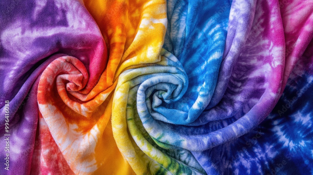 Poster close up of various tie dye patterns showcasing vibrant swirls and an array of bold colors