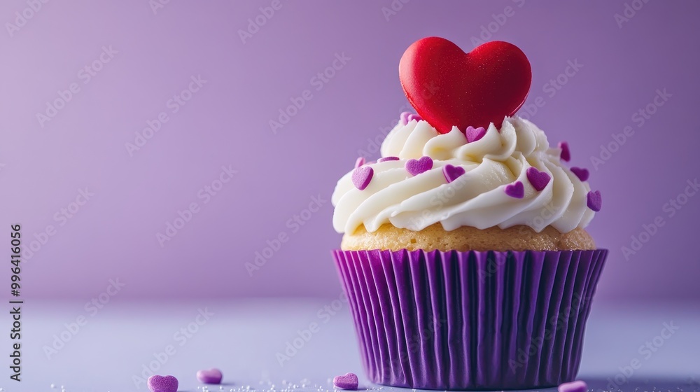 Poster vanilla cupcake adorned with tiny decorative hearts and a red heart topper placed in a violet baking