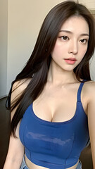 Beautiful Asian woman in a blue tank top and jeans.