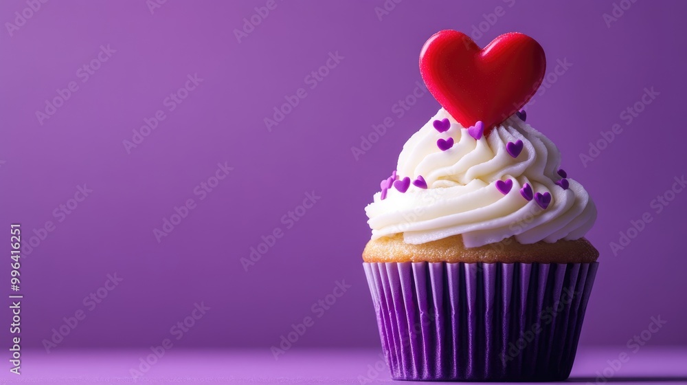 Poster vanilla cupcake adorned with tiny decorative hearts and a red heart topper placed in a violet baking
