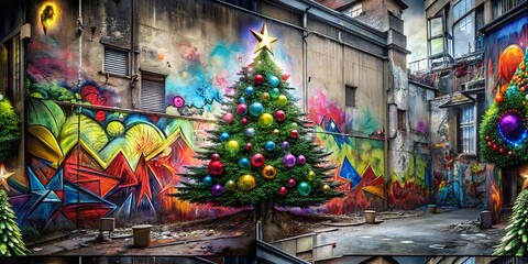 Naklejka premium merry christmas, paper, seamless pattern, street art, spray, doodle, graffiti, ornament, characters, santa claus, snowman, snowflake shape