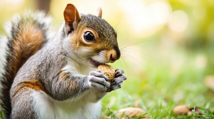 Obraz premium Squirrel enjoying a peanut snack in a close up view Space available for additional text
