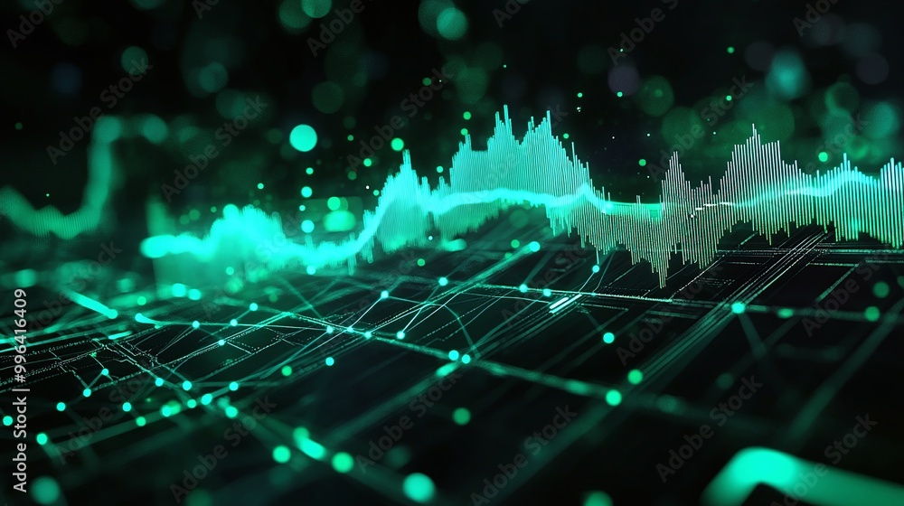 Poster dynamic digital soundwave visualization with glowing green effects on a grid background.