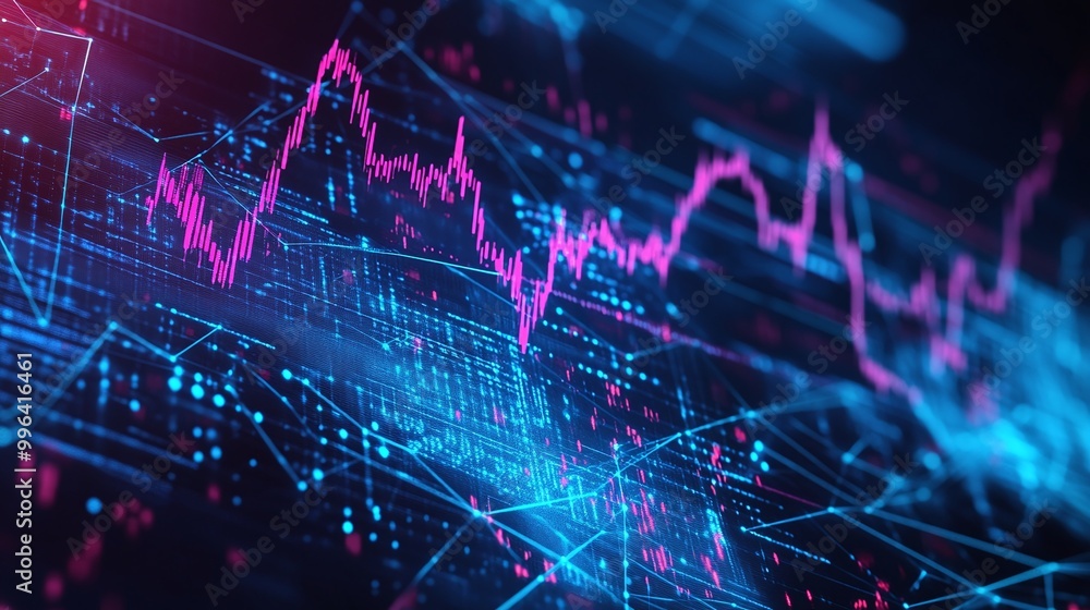 Poster dynamic digital stock market chart showing fluctuating statistics, abstract technology background.