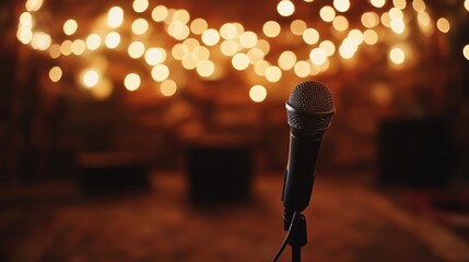 Microphone positioned on a stand before an out of focus stage adorned with warm string lights prepared for a live performance in an inviting setting