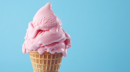 Melting pink ice cream in a cone against a soft blue backdrop Perfect for summer themes