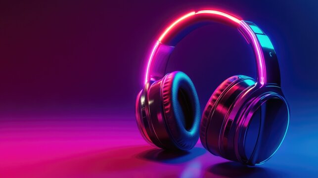 Futuristic headphones featuring vibrant neon lights Vertical banner design with glowing headphones showcasing modern technology and neon aesthetics