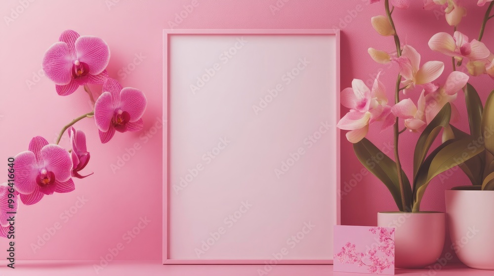 Poster front view of a blank photo frame mockup against a pink background surrounded by pink orchids and a 