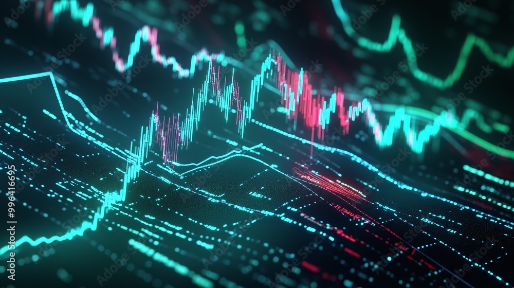Poster dynamic digital stock market data visualization with glowing graphs and indicators on a dark backgro