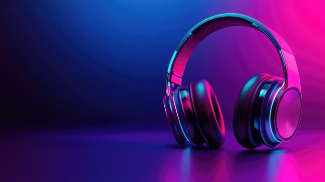Futuristic headphones featuring vibrant neon lights Vertical banner design with glowing headphones showcasing modern technology and neon aesthetics