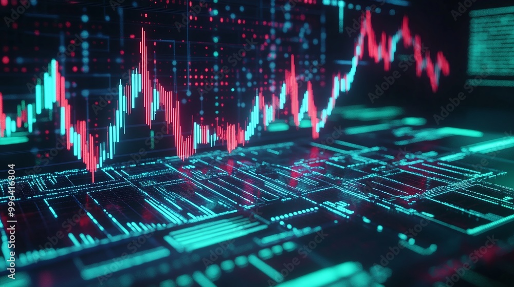 Poster dynamic digital stock market data visualizations with vibrant green and red graphs on a futuristic i