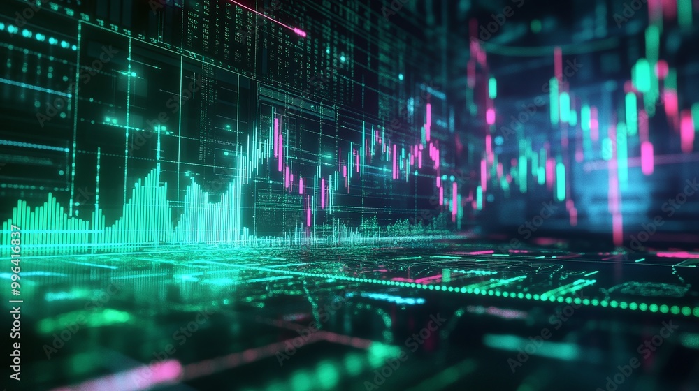 Poster dynamic digital stock market data visualization with vibrant graphs and glowing lines.