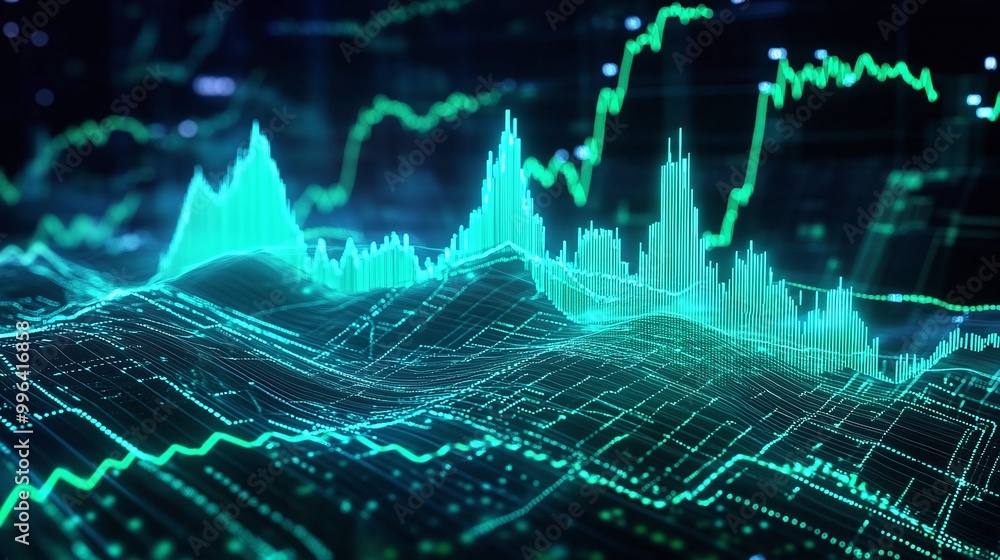 Poster dynamic digital stock market graph visualizing data trends and fluctuations with vibrant colors.